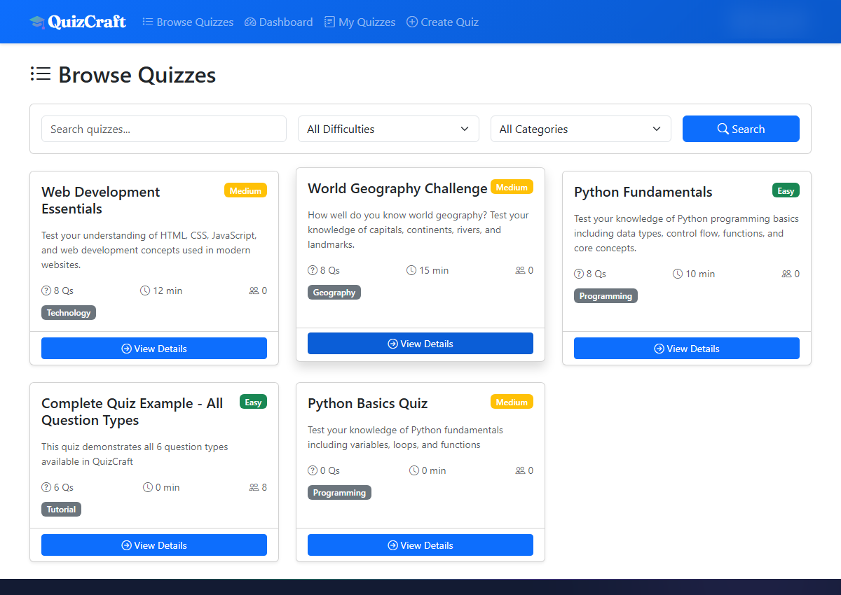 Quiz management interface